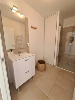a bathroom with a white sink and a shower at Corse - Bord de mer, Appartement neuf avec Piscine Chauffée in Linguizzetta