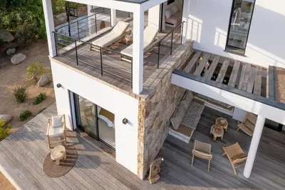 an aerial view of a house with a deck at Villa Bambou 12 pers piscine chauffée 10 minutes à pieds plage in Sainte-Lucie de Porto-Vecchio