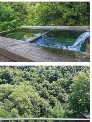 two pictures of a waterfall in a forest at Chambre avec balcon à louer in Bains de Guitera