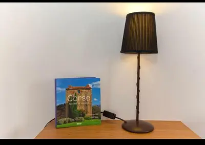 a lamp sitting on a table next to a book at Maison en pierre corse avec vue entre mer et montagne in Moltifao