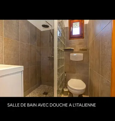 a bathroom with a toilet and a shower with a window at Maison en pierre corse avec vue entre mer et montagne in Moltifao
