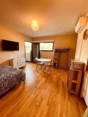 a room with a bed and a table in it at SUPERBE STUDIO AVEC PLACE DE PARKING in Ajaccio