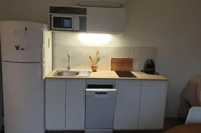 a small kitchen with a sink and a refrigerator at Meublé de tourisme avec terrasse vue montagne in Grossa