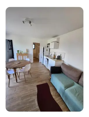 a living room with a couch and a table and a kitchen at Meublé de tourisme avec terrasse vue montagne in Grossa