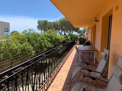 a balcony with chairs and a view of trees at Casa Rossa Solenzara in Sari Solenzara