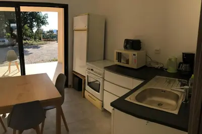 a small kitchen with a sink and a microwave at T1 traversant, plain pied entre mer et montagne in Cuttoli-Corticchiato