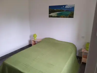 a bedroom with a green bed and a picture on the wall at Villa climatisée avec piscine in Sari Solenzara