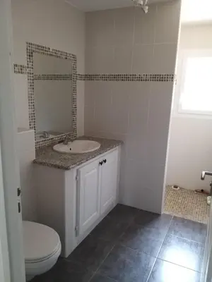 a bathroom with a sink and a toilet and a mirror at Villa climatisée avec piscine in Sari Solenzara