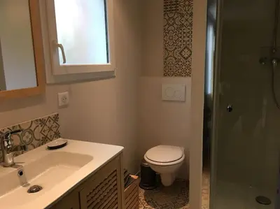 a bathroom with a toilet and a sink and a shower at Casa de Patarra gîte dans le maquis avec piscine privée in Peri