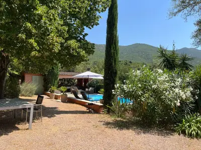 a backyard with a pool and chairs and trees at Casa de Patarra gîte dans le maquis avec piscine privée in Peri