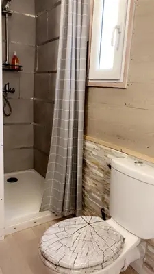 a bathroom with a shower and a toilet and a window at U Sognu 3128 in Muro