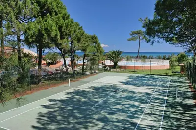 a tennis court with trees and the ocean in the background at Apartment by Lido Beach & Biguglia Lagoon in Borgo