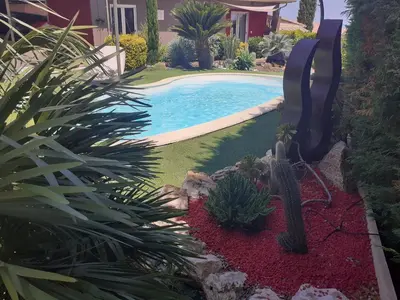 a swimming pool in a yard with cacti and plants at Chambre d'hôtes Casa Lucia in Furiani