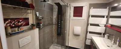 a bathroom with a shower and a sink at Chambre d'hôtes Casa Lucia in Furiani
