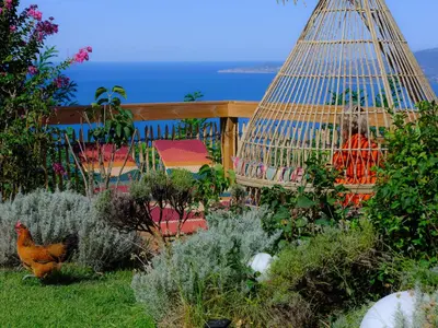 a bird cage in a garden with chickens in it at Petit coin de paradis, vue panoramique mer &montagne, piscine privée... in Calcatoggio