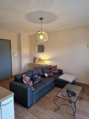 a living room with a couch and a table at Studio Climatisé Parking Gratuit in Sarrola-Carcopino
