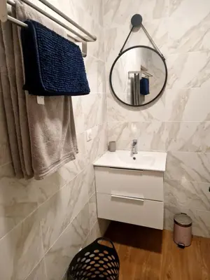 a bathroom with a white sink and a mirror at Studio Climatisé Parking Gratuit in Sarrola-Carcopino