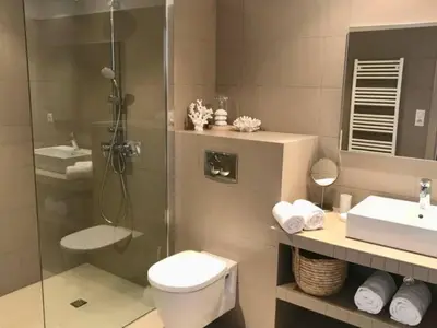 a bathroom with a shower and a toilet and a sink at 2 pièces vue mer à 3 min des plages in Propriano