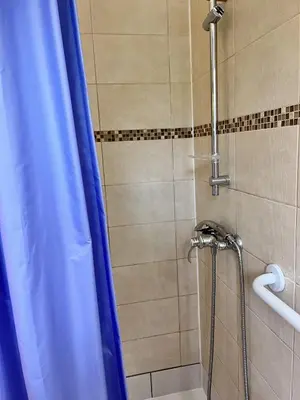 a shower with a blue shower curtain in a bathroom at Residence Amanda in Santa-Lucia-di-Moriani