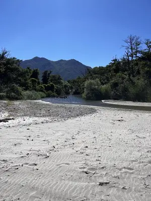a sandy beach with a river in the background at Residence Amanda in Santa-Lucia-di-Moriani