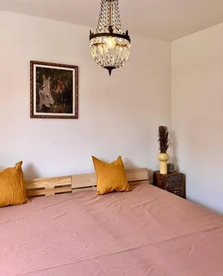a bedroom with a large bed with a chandelier at Residence Amanda in Santa-Lucia-di-Moriani