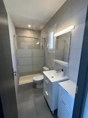 a bathroom with a toilet and a sink and a mirror at Maison T1 bis Corse in Lucciana