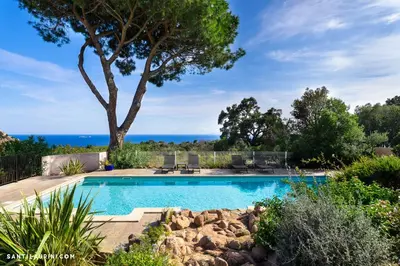 a swimming pool with a tree and the ocean in the background at Costa Marina in Porto-Vecchio