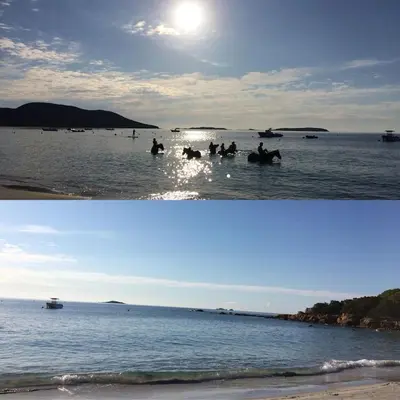two pictures of people riding horses in the water at CORSACASA Villa in Palombaggia sea view in Porto-Vecchio