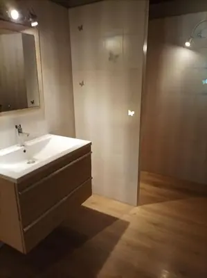 a bathroom with a sink and a shower with a mirror at Appartement avec vue sur la montagne in Vico