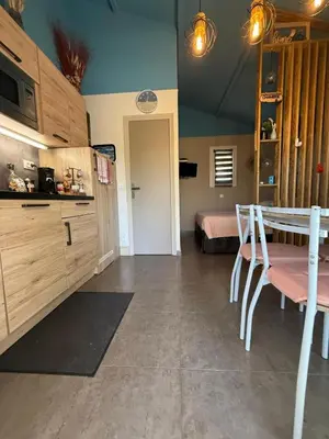 a living room with a table and a bed at Studio de charme à 300 m de la Plage de Santa Giulia in Porto-Vecchio