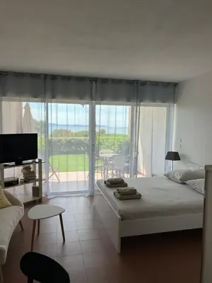 a bedroom with a bed and a view of the ocean at Grand studio rte des sanguinaires Superbe vue Mer in Ajaccio