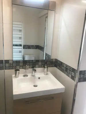 a bathroom with a sink and a mirror at Grand studio rte des sanguinaires Superbe vue Mer in Ajaccio