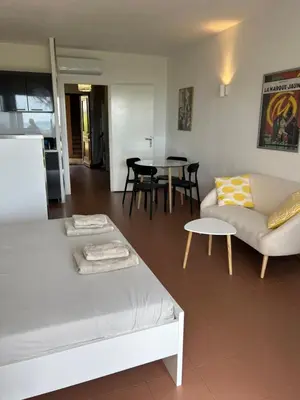 a living room with a couch and a table at Grand studio rte des sanguinaires Superbe vue Mer in Ajaccio