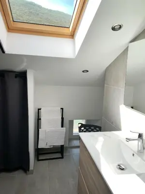 a bathroom with a sink and a skylight at LE RELAIS DES COLS in Cozzano