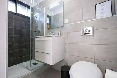 a bathroom with a white toilet and a shower at N10 Maison T2 climatisé avec jacuzzi privé in Ajaccio
