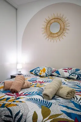 a bed with pillows and a mirror on the wall at N10 Maison T2 climatisé avec jacuzzi privé in Ajaccio