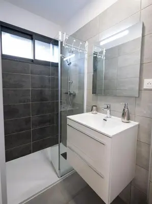 a bathroom with a white sink and a shower at N10 Maison T2 climatisé avec jacuzzi privé in Ajaccio