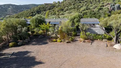 a garden with trees and a building on a hill at N1 Maison T2 climatisé in Ajaccio