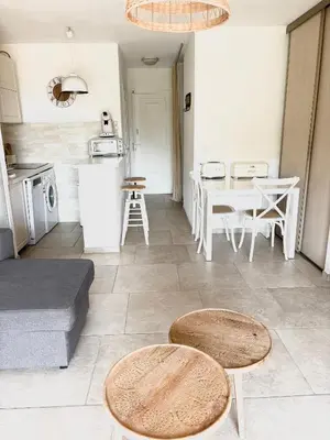 a kitchen and a living room with a table and chairs at Le Cocon de Lilie in San-Nicolao