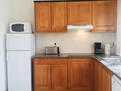 a kitchen with wooden cabinets and a white refrigerator at Résidence A NUCIOLA Les pieds dans l'eau Cervione Hte CORSE in Cervione