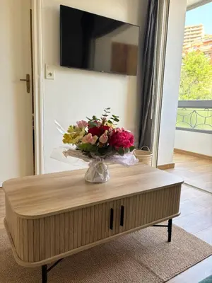 a vase of flowers on a coffee table in a living room at Charmant studio Sanguinaires in Ajaccio