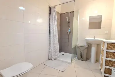 a bathroom with a shower and a toilet and a sink at Charming 45m in Sarrola carcopino in Sarrola-Carcopino