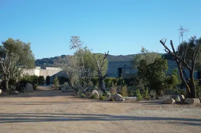 a dirt road with rocks and trees and a building at N2 Maison T2 climatisé in Ajaccio