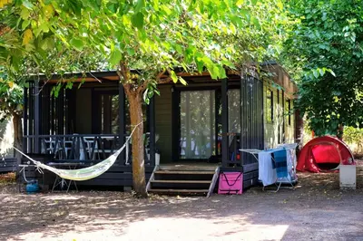 a hammock in front of a house under a tree at RAS L'BOL in Olmeto