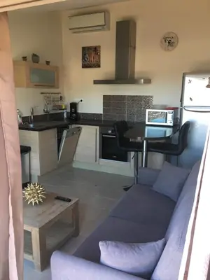 a living room with a couch and a kitchen at La Bergerie Furiani avec piscine privée Residence Digoune in Furiani