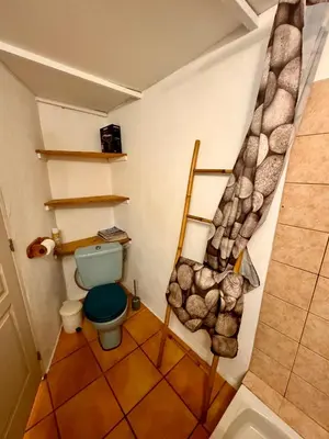 a bathroom with a blue toilet in a room at Casa Jeannot typique Corse en pierre, UNIQUEMENT DE SAMEDI EN SAMEDI , 2 pers, f2, 35 m2, jardin 60m2 vue montagne, parking in Monacia-dʼAullène