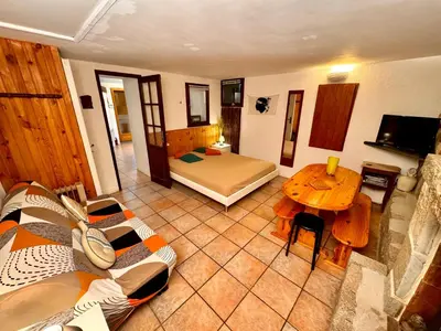 a room with a bed and a table in a room at Casa Jeannot typique Corse en pierre, UNIQUEMENT DE SAMEDI EN SAMEDI , 2 pers, f2, 35 m2, jardin 60m2 vue montagne, parking in Monacia-dʼAullène