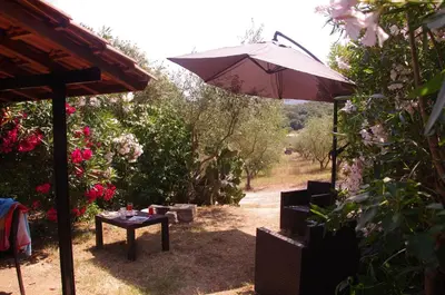 a patio with a table and an umbrella at Casa Erbaggio in Sartène