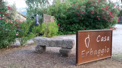 a stone bench next to a sign in a garden at Casa Erbaggio in Sartène