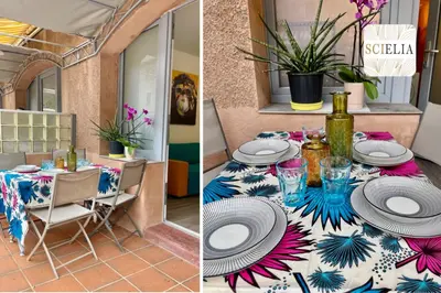 two pictures of a table with a table cloth on it at Chez Françoise in Porto Ota
